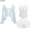 Sweet Lolita Lace Bow Plush Cardigan+ Sexy Slim Fit Strapless Vest Tops+ High Waist Ruched Skirts Early Winter Three Piece Sets 6