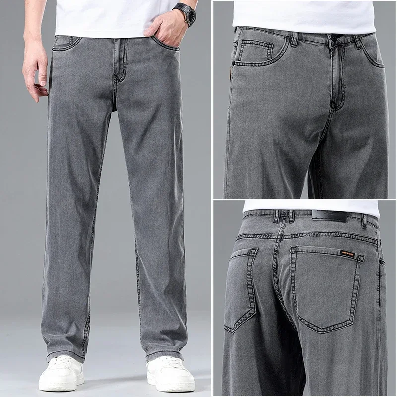 2024 New In Lyocell Summer Thin Jeans Men's Loose Straight Casual Stretch Business Large Size Male Pants Solid Color 2