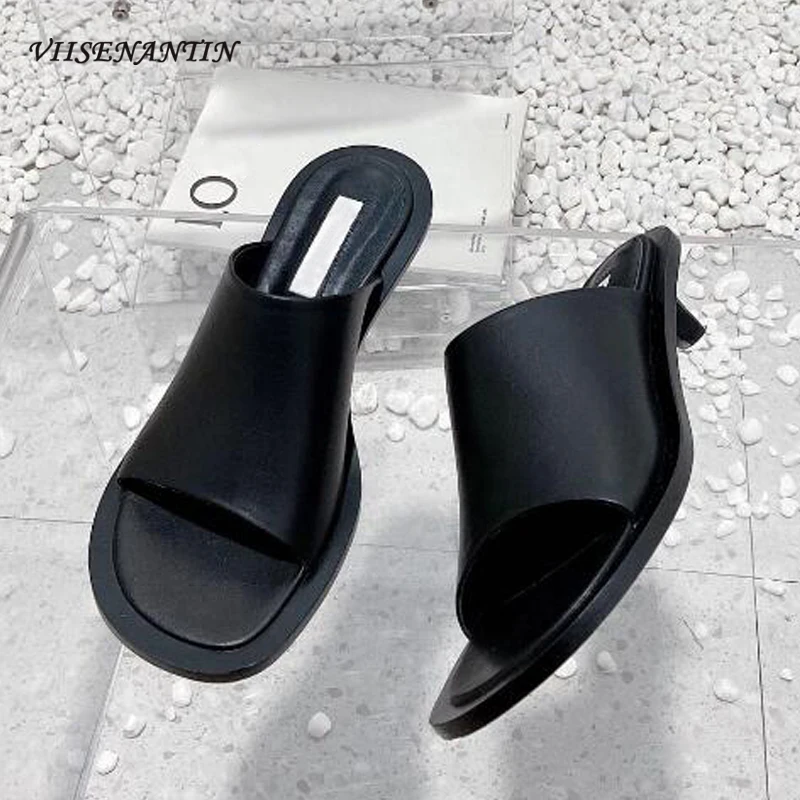 

Elegant Ladies Summer Slipper Shoes Med Heel Sexy Squared Toe Genuine Leather Top Grade Quality Mules Outdoor Fashion Sandals