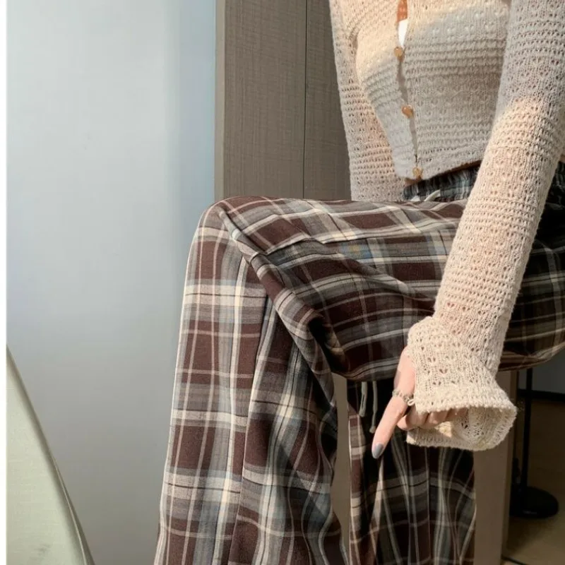 Women's Spring Summer Striped Solid Plaid Elastic Pocket High Waisted Loose Casual Sports Wide Leg Trousers Office Lady Pants