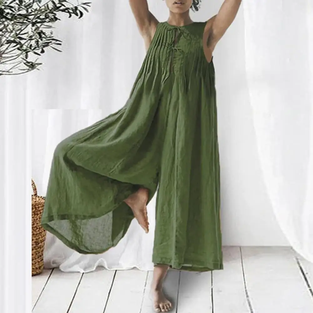 

Elegant Fashion Jumpsuit Women O-Neck Sleeveless Front Lace-up Thin Women Jumpsuit Vintage Solid Color Pleated Wide Leg Playsuit