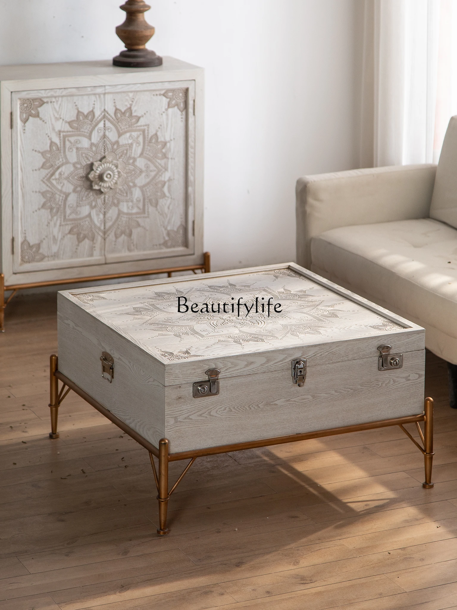 

Винтажный квадратный деревянный флип-стол с гравировкой, квадратный ящик для хранения, маленький стол