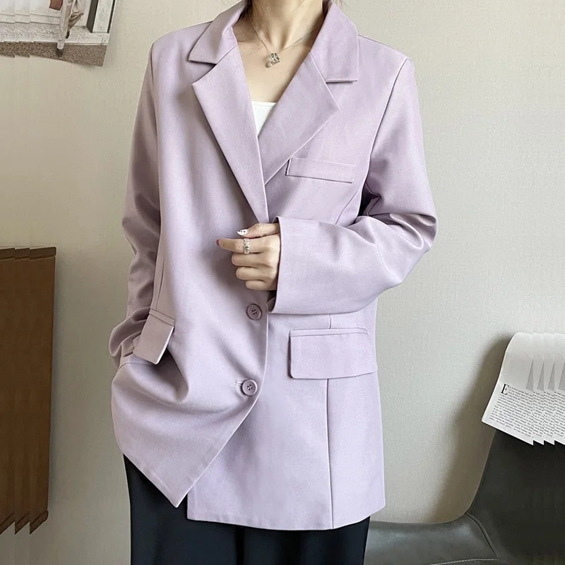 

Korean Casual Single-breasted Women Suit Jacket Spring Notched Collar Long Sleeve Female Blazers Coat Black Apricot Light Purple