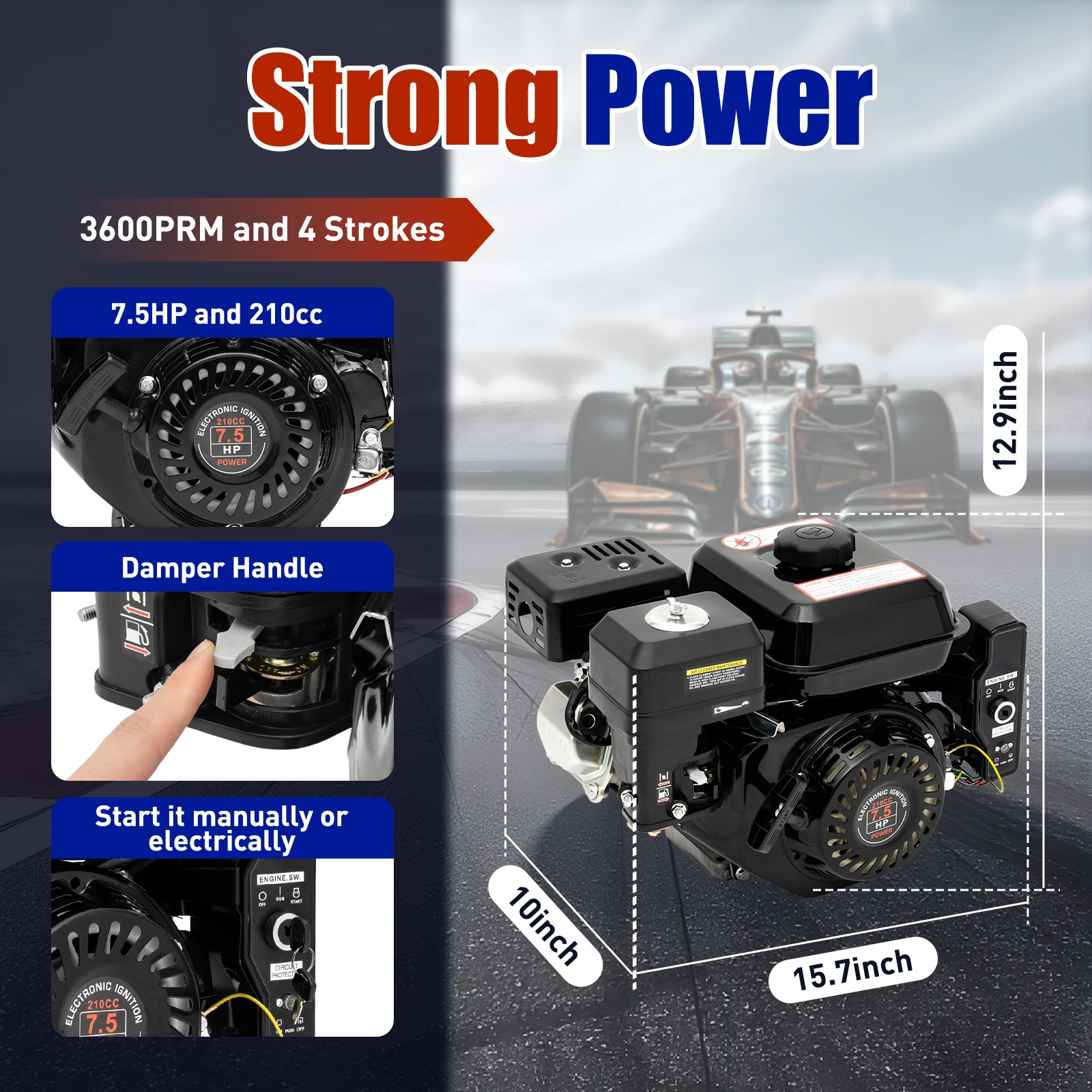 

4-Stroke 210CC 7.5HP Gas Engine w/ Electric Start Upgrade Version for Go-Karts, High-Pressure Washers 3600rpm