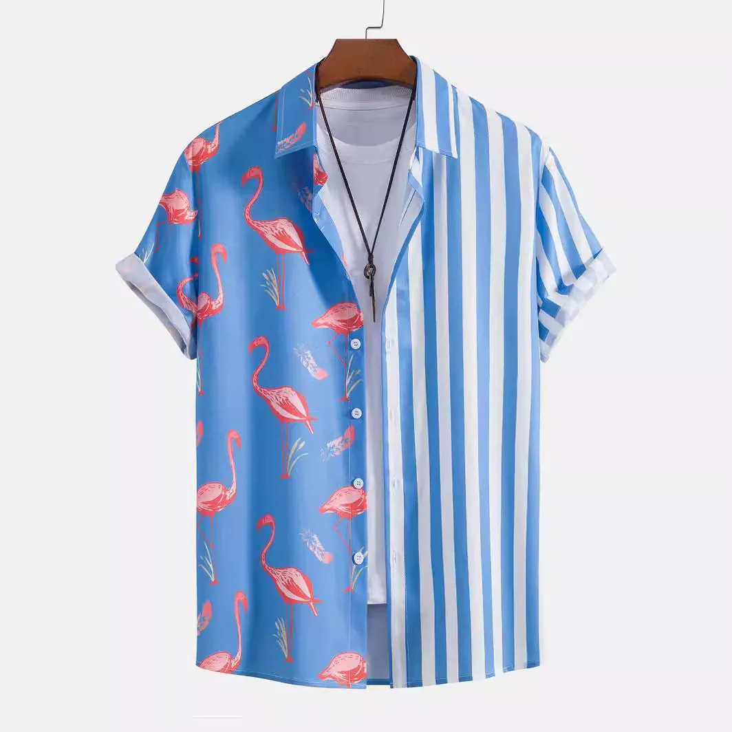 

2024 New 3D Digital Flamingo Print Stripe Style Short sleeved Shirt for Men Loose Summer Casual Trend Comfortable Shirt