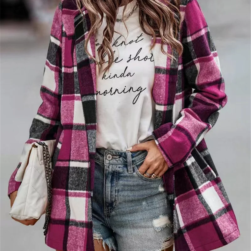 2023 European and American Autumn and Winter Women's England Style Loose Plaid Print Commuter Lapel Long Sleeve Woolen Coat