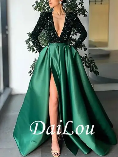 A-Line Sparkle Party Wear Formal Evening Dress V Neck Long Sleeve Floor Length Satin Sequin With Crystals Split 2022 Dark Green