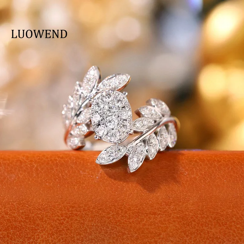 

LUOWEND 18K White Gold Rings Luxury Elegant Design 0.75carat Real Natural Diamond Engagement Ring for Women High Wedding Jewelry