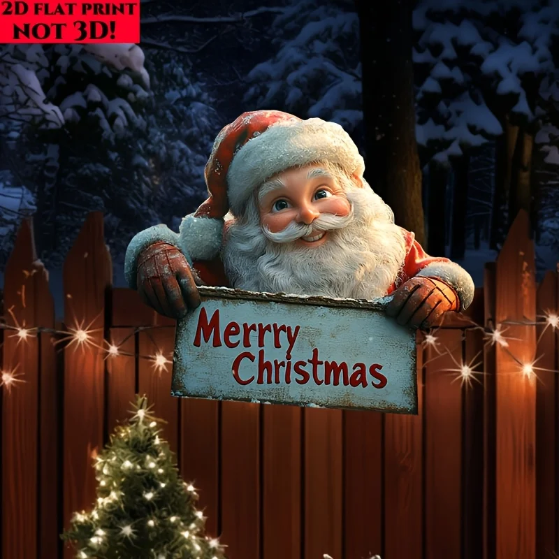 2D flache 1-teilige Weihnachtsdekoration aus Holz, lustiger Weihnachtsmann mit „Merry Christmas“-Schild auf Zaun, Weihnachtsdekoration für Garten und Hof