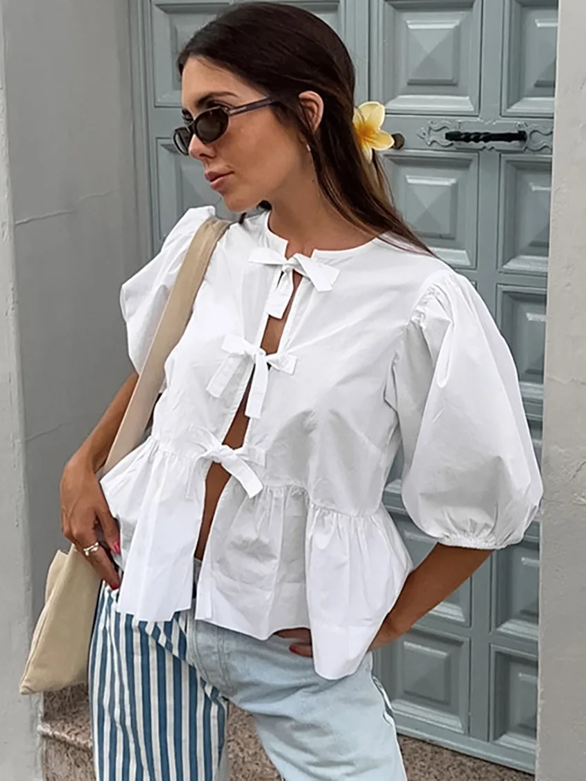 Casual Hollow Out Short Sleeve T-shirt Shirts Women's Summer Patchwork Lace-Up Loose Streetwear Female Y2k Top Shirts