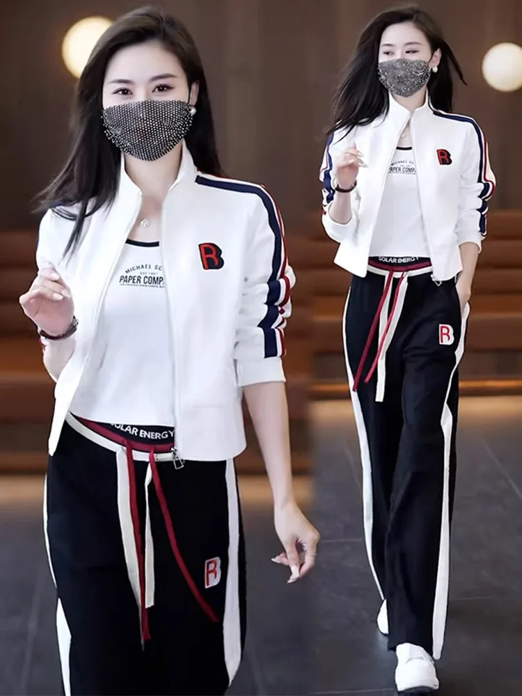 

Cotton Fashion Sportswear Two Piece Set For Women 2023 Fall Zipper Sweatshirt Coat+Lace-Up Wide Leg Pants Suit Female Tracksuits