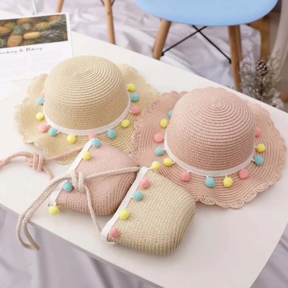 Fashion Large Sun Protection Pompom Ball Colorful Floppy Beach Hat Handbag Bucket Cap Straw Woven