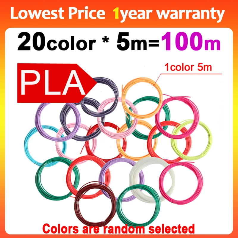 3D 프린터 필라멘트, PLA 3D 인쇄 필라멘트, 랜덤 컬러 펜, 10M/PCs, 20 색, 1.75mm