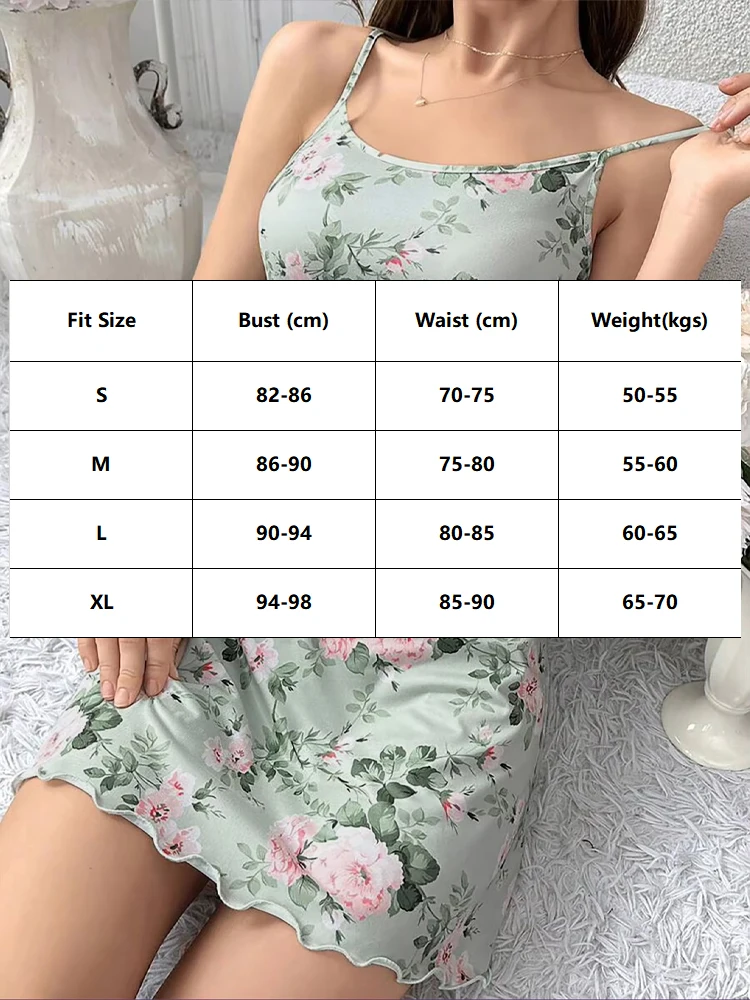 Summer Sleepwear Women' Green Floral Print Nightdress Vintage Sleeveless Slip Sleep Dress Breathable Nightgown Fashion Home Wear - 6