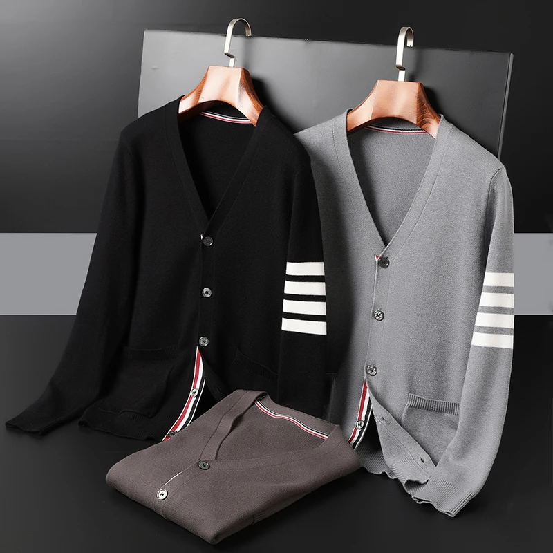 

Quality Fashion Popular Three-Color Striped Men's Cardigan Coat Trendy Striped Men Cardigan Coat - Wool Knitwear Sweater Jacket