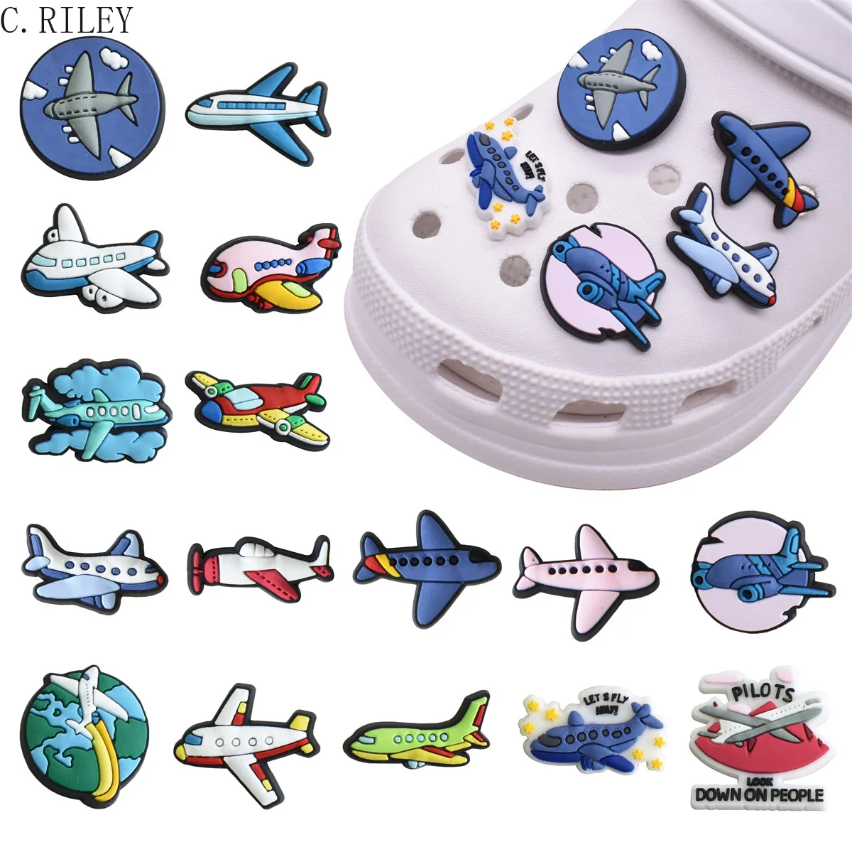 

16pcs Kawaii Cartoon Plane PVC Shoe Charms Accessories Croc Pin Jeans Buckle Decoration Fit Wristbands Adult Kids Xmas Party