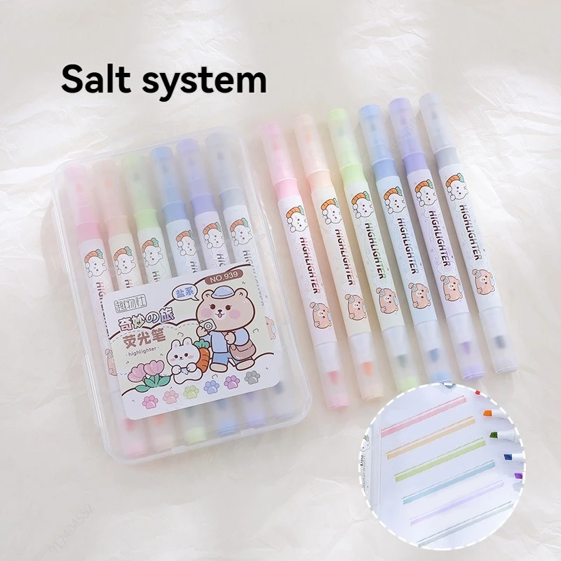 6Pcs/set Double Head Pastel Highlighter Pen kawaii Fluorescent Pen Drawing Highlighters Cute Stationery School Supplies