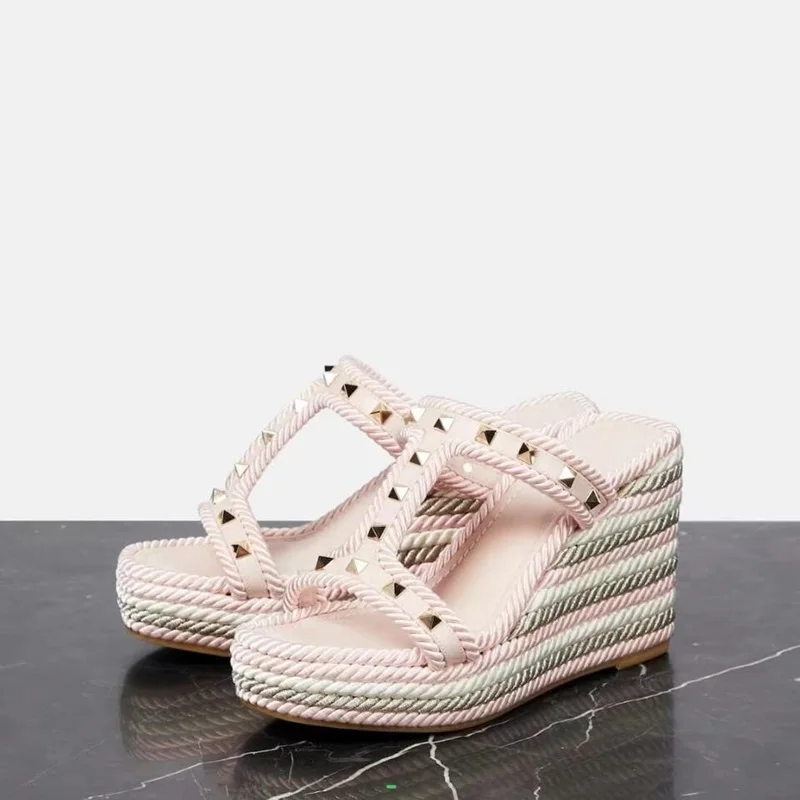 

Newest Weave Braid T Strap Studded Wedge Heel Sandals Peep Toe Slip On Patchwork Summer Shoes Outside Dress