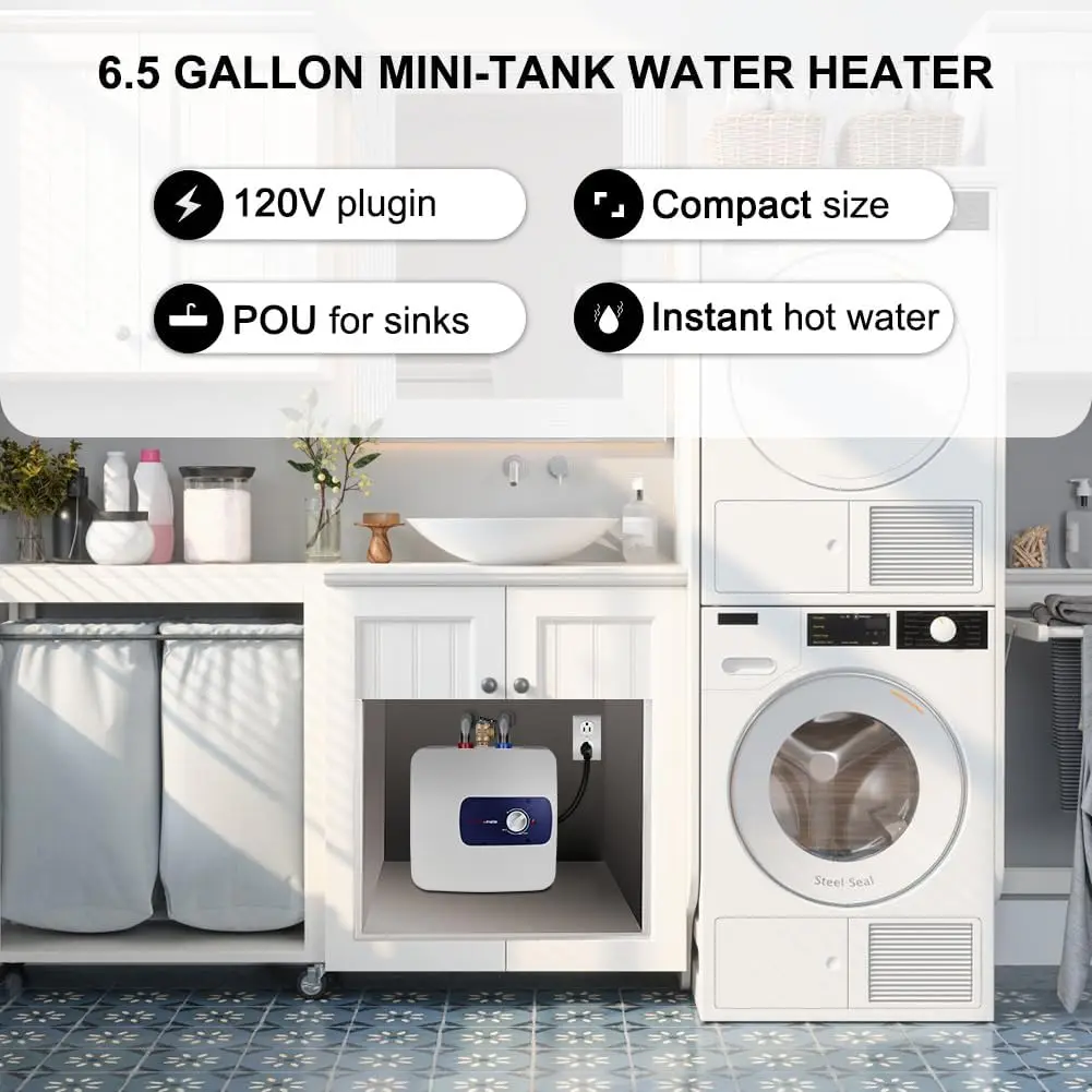 Mini Tank Water Heater Electric, 6.5 Gallons Small Under Sink Water Heater for Point of Use Instant Hot 110V