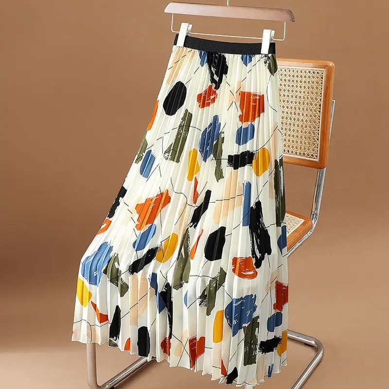 Fragmented Chiffon Colorful Half-length Dress Women's Summer Elastic Waist Print Mid Length Pleated A-line Swing Skirt