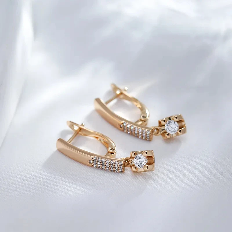 Wbmqda Fashion Drop Earrings For Women 585 Rose Gold Color With White Natural Zircon Wedding Party Fine Jewelry Accessories