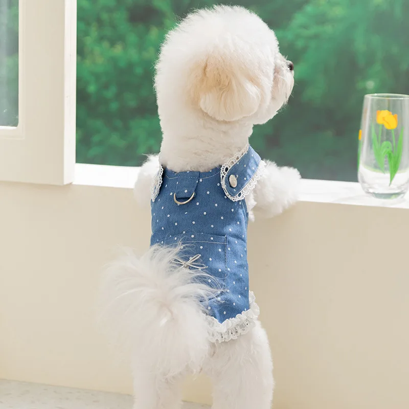 여름 데님 강아지 드레스 도트 무늬 리본 애완견 멜빵 고급 강아지 옷 고양이 의상 치와와 비숑 요키 여자 강아지 스커트 청바지 신상품