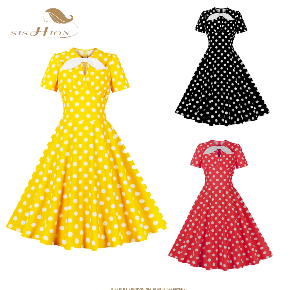 

SISHION Short Sleeve Polka Dots Women 50s 60s Vintage Dress SR991 Black Yellow Red Swing Retro Birthday Party Dresses