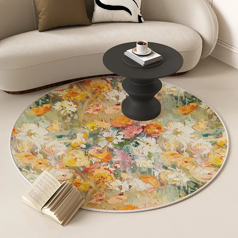 Round Floral Living Room Carpet Large Area American Retro Oil Painting Style Bedroom Rug Fashionable Sofa Coffee Table Mat Tapis