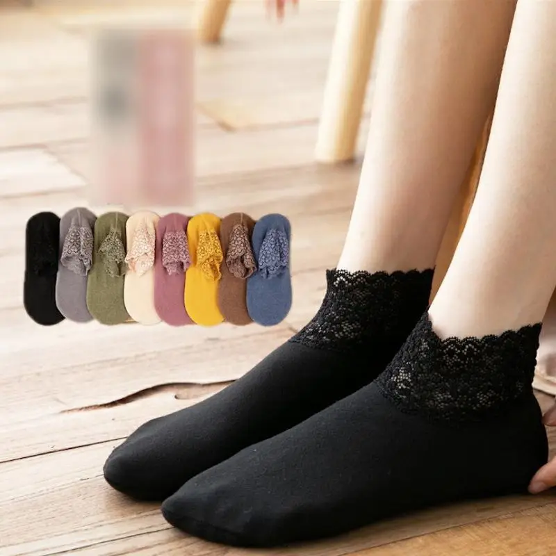 

2023 New Fashion Lace Warmer Socks Women Breathable Warmer Socks Solid Color Boat Comfortable Cotton Ankle Socks with Lace