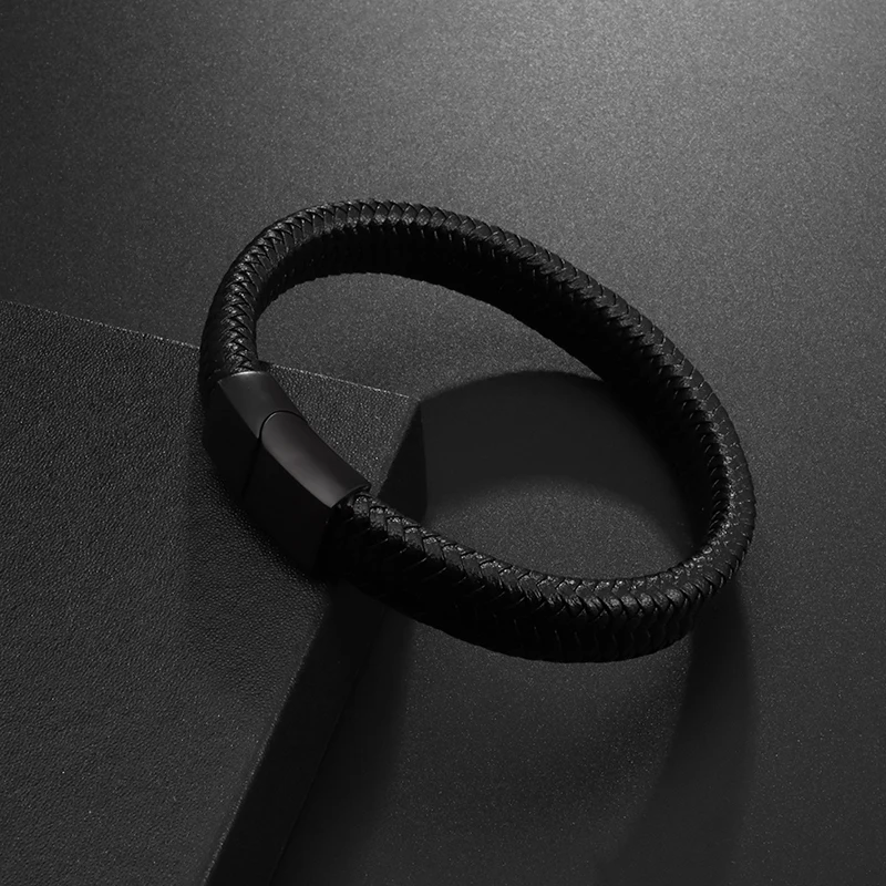 Leather Braided Wrap Bracelet Men Metal Magnetic Clasp Cuff Bangle