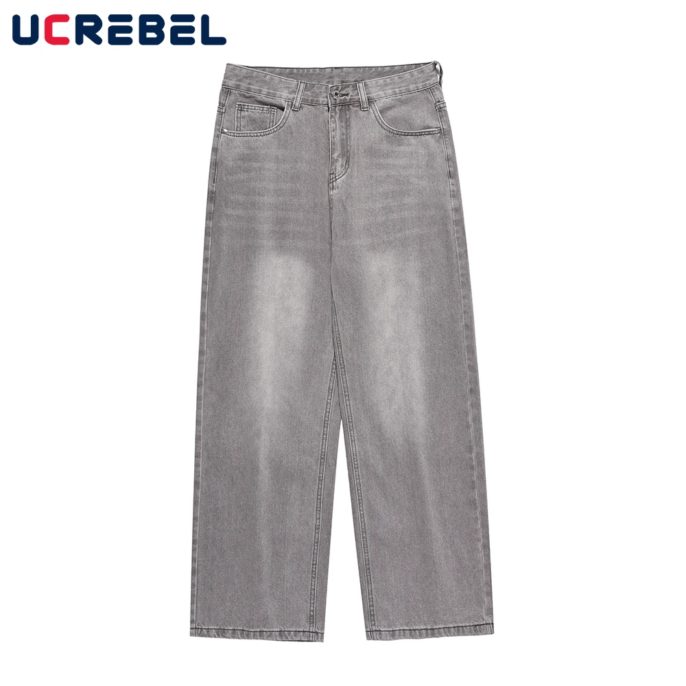 Retro Washed Distressed Straight-leg Jeans Mens Streetwear Loose Casual Wide Leg Pants Men Trousers
