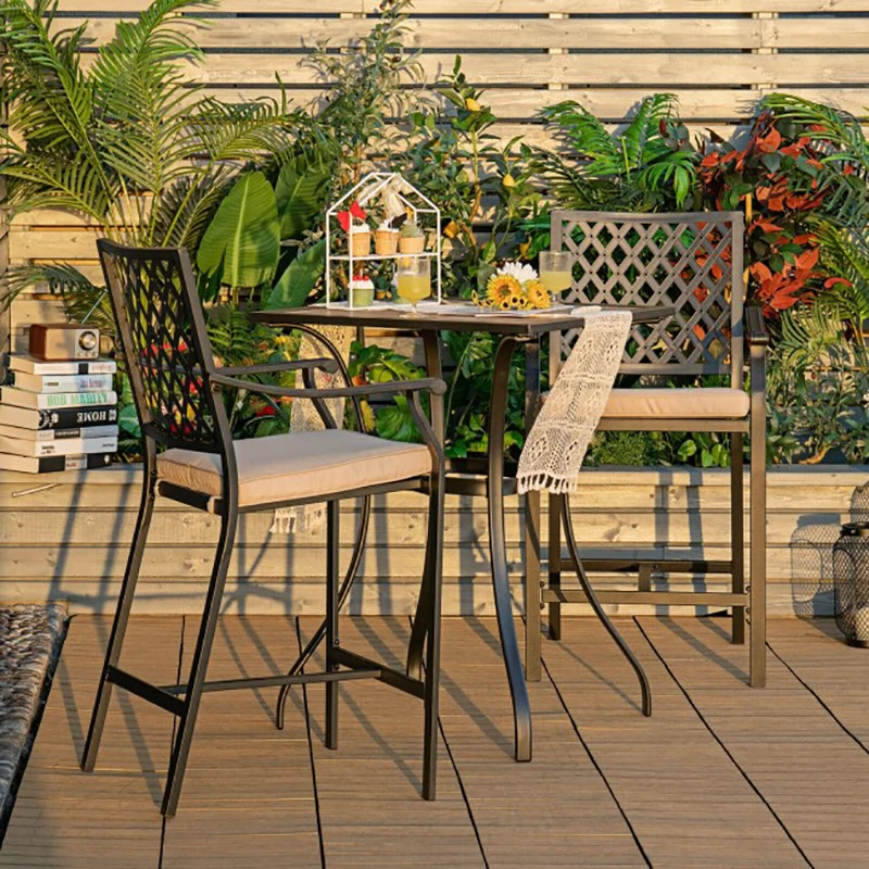 

3 Pieces Patio Bar Set 2 Bar Stools and 1 Square Table Bar Table for Garden Backyard Bar Stool with Height Cushion and Armrest
