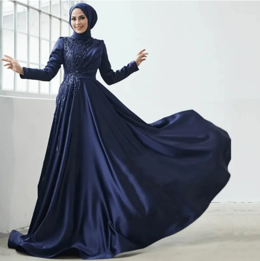 2024 New Muslim Luxury Evening Dress High Neck Long Sleeves Beads Appliques A-Line Satin Arab Dubai Prom Party Dress Robes de