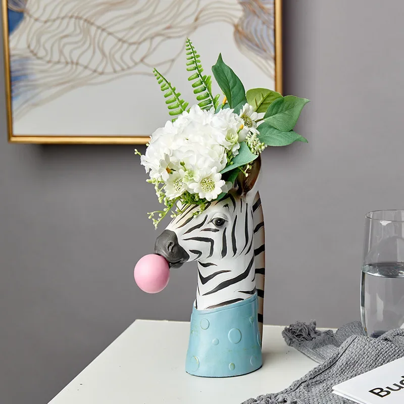 Creative Modern Animal Head Resin Succulent Vase FlowerPot Hand Painting Giraffe Zebra Panda Blowing Bubbles Animal Bust Figure 5