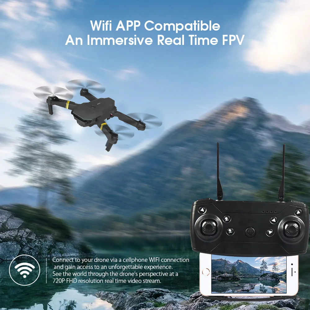 Drone E58/E88 pliable avec téléphone fixé à la manette, interface WiFi FPV affichée, prêt pour le décollage