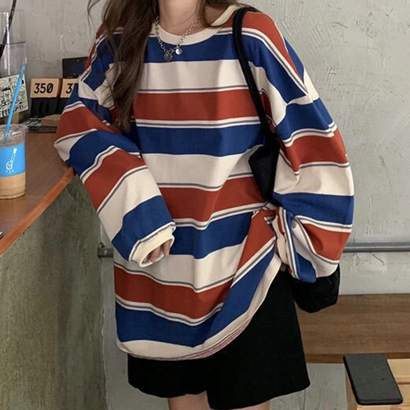 

Korean Fashion Harajuku Pullovers Striped Women Sweatshirt Autumn Casual Loose Couples Matching Long Sleeve Top Streetwear 29027