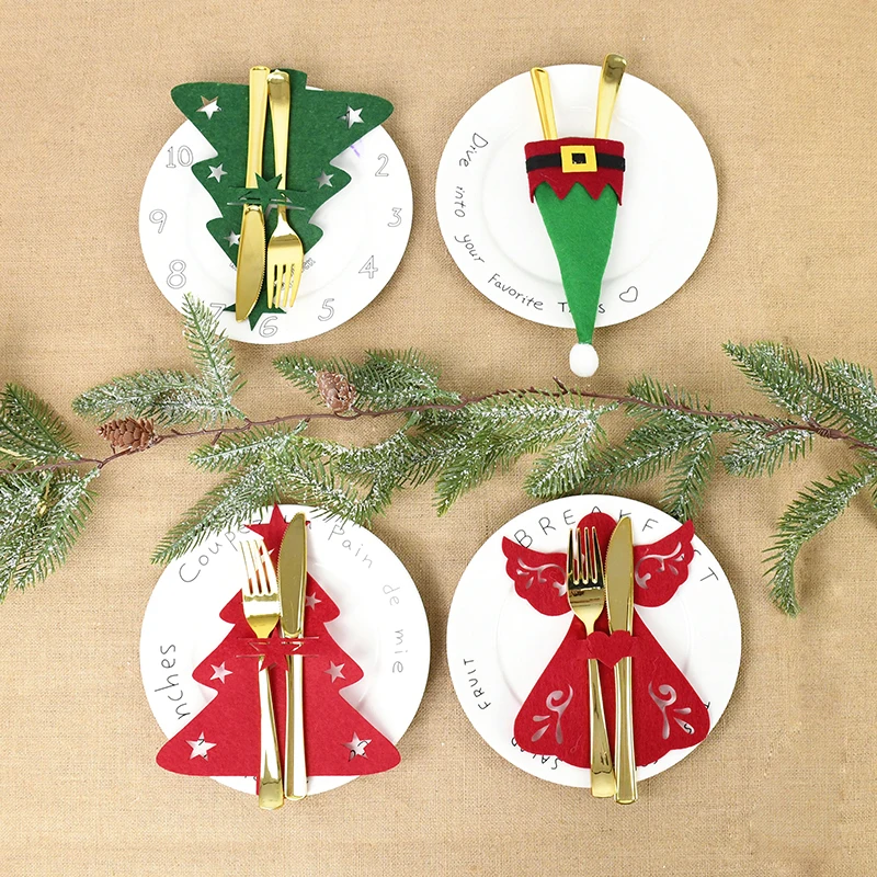 12 Pièces Motifs Variés 12 Sacs Porte-Couverts Noël HUHUDAY - Motifs Père Noël, Bonhomme Neige - Feutre Lavable Pour Dîner Fête Décoration Table Fêtes