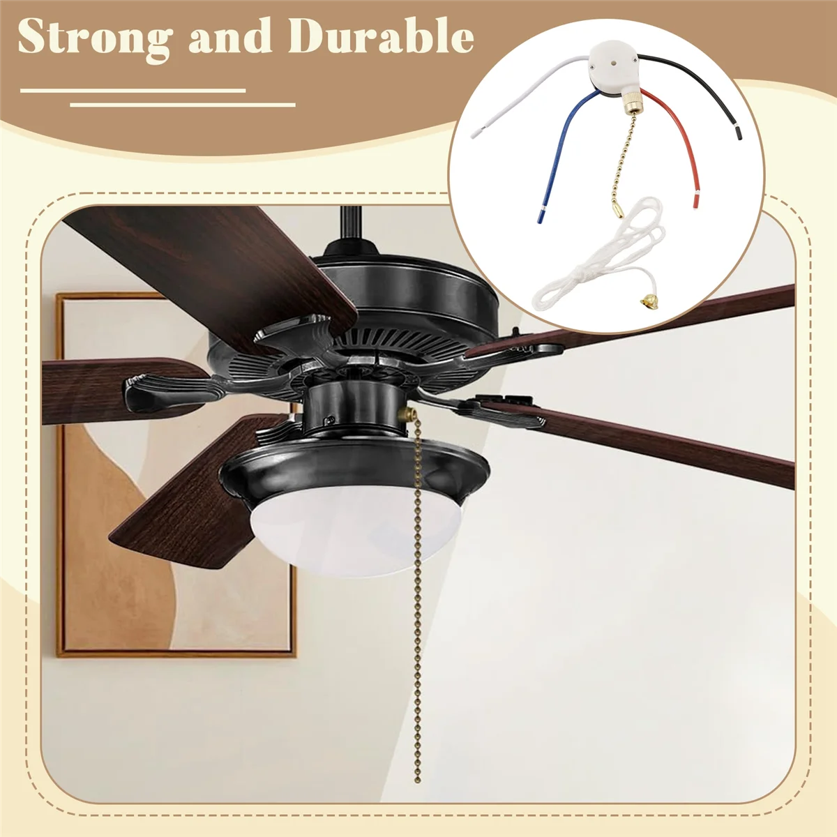 AAA87 Ceiling Fan Switch Kit 3 Speed 4 Wire, Fan Switch Zipper Speed Control Switch, ZE-208S Pull Wire with Rope Gold