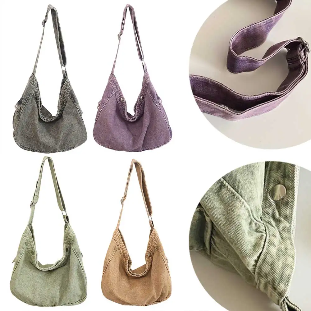 Women Canvas Bag Vintage Style Casual Shoulder Bag Distressed Cross Body Bag Solid Color Adjustable Shoulder Strap Commuting Bag