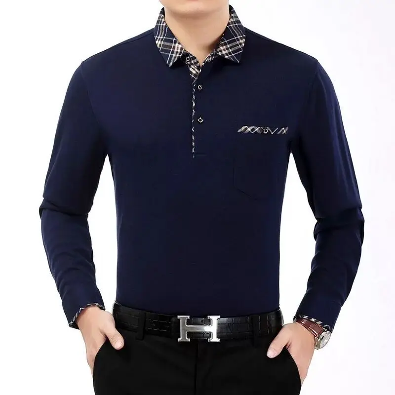 Spring Autumn Long Sleeve Men's Casual Loose Lapel Tees Cotton Pocket Button Spliced T-shirt Polo Pullover Solid Color Tops image