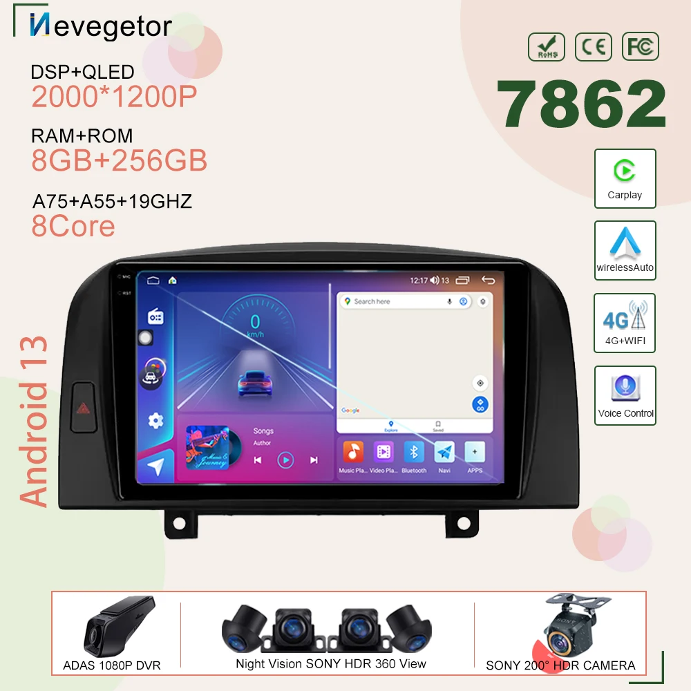 

7862 Android 13 автомобильный 2din DVD для Hyundai Sonata NF 2004-2008, автомобильный GPS-навигатор, мультимедийный плеер, QLED экран, 5G Wifi Carplay