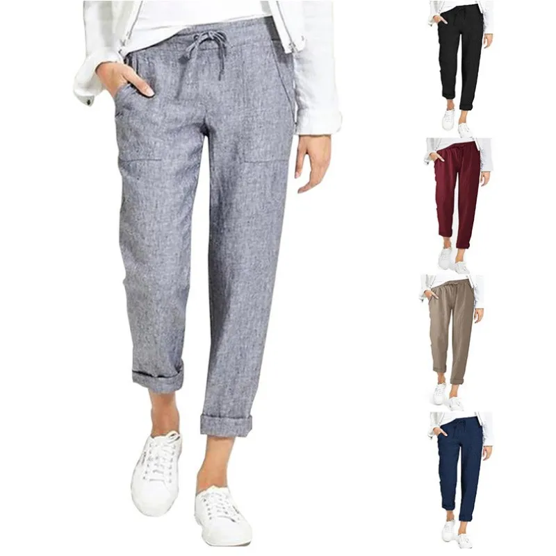 Women Cotton Linen Pants Summer Pockets Loose Baggy Drawstring Trousers Female Casual High Waist Elastic Ankle-Length Pants