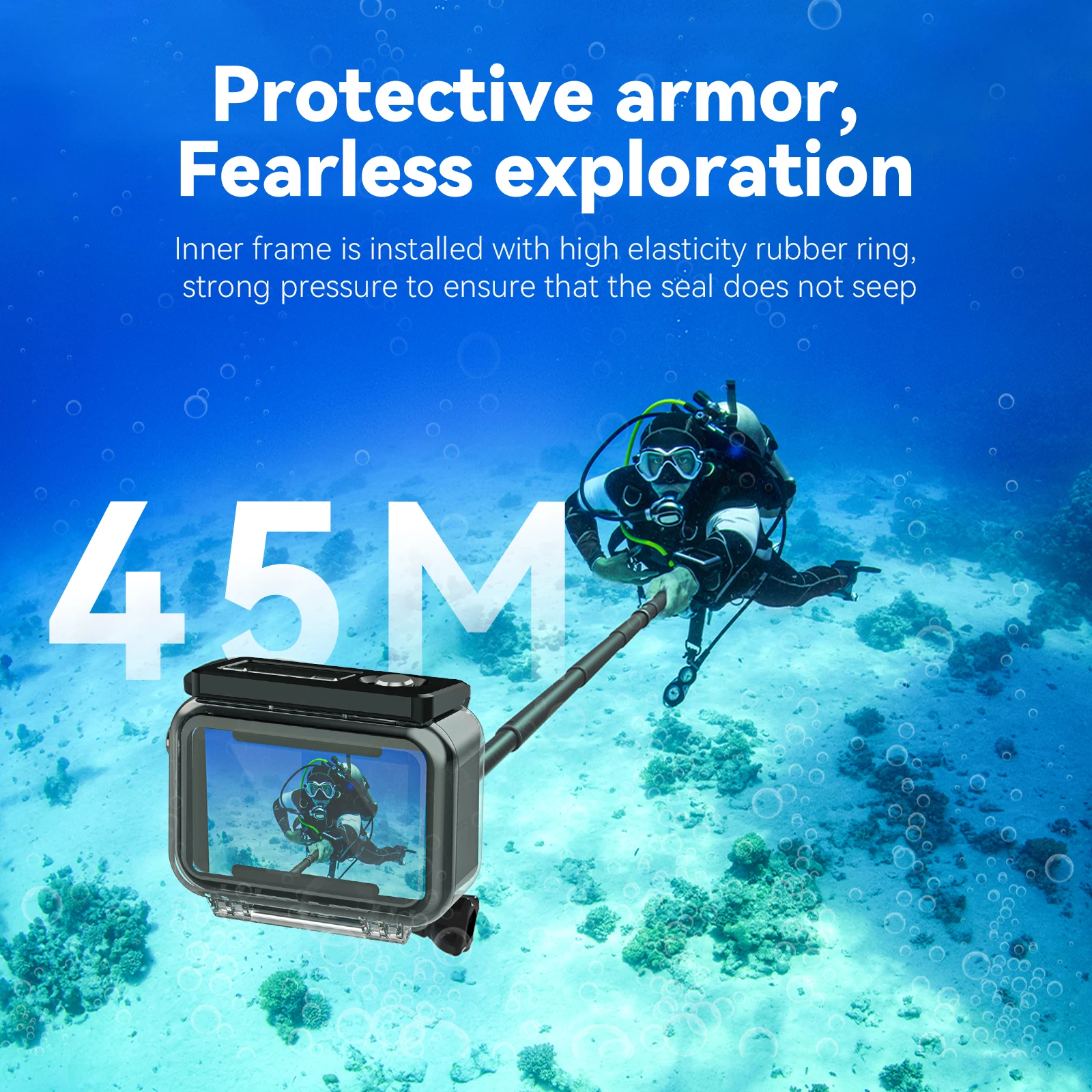 Boîtier étanche TELESIN 45M immergé dans l'eau, démontrant la protection sous-marine pour DJI OSMO Action 3/4/5 Pro.
