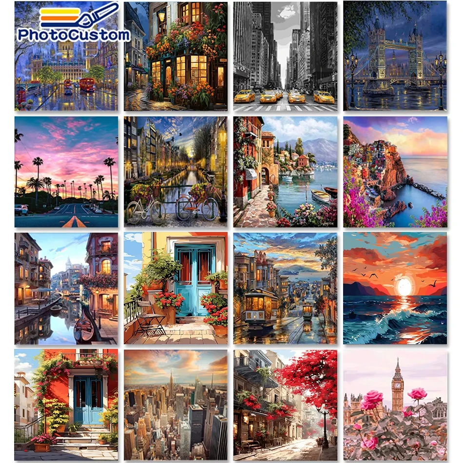 Painting by Numbers Kits City Landscape Painting for Adults DIY HandPainted on Canvas with Framed Oil Picture