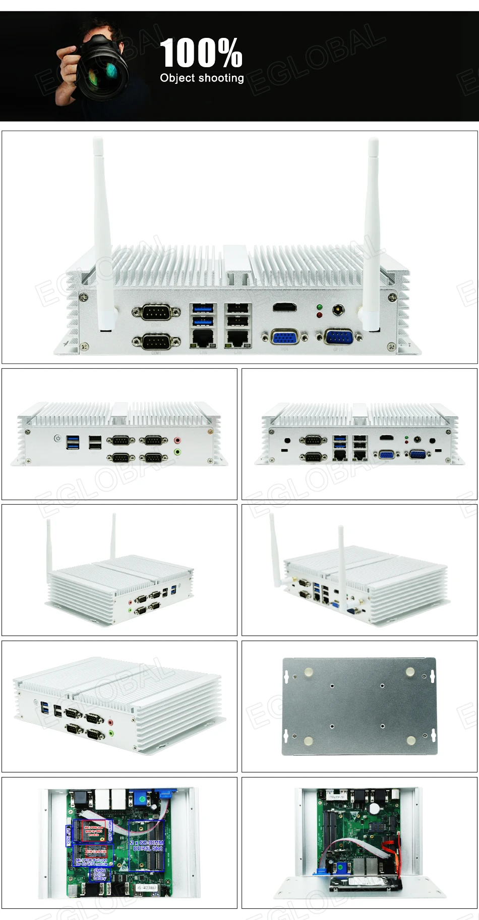 Eglobal Industrial Fanless Mini PC with I5 6300U, I7 10510U, Windows 7/8/10, VPN Router, VGA, HDMI, 4G, WiFi, BT Description Image.