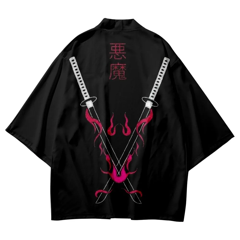 Summer Yukata Streetwear Japanese Black Demon Print Kimono And Shorts Cosplay Men Women Beach Sunscreen Asian Cardigan