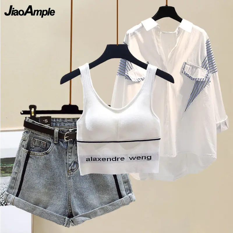 2024 Summer New Fashion Vest Shirt Denim Shorts Three-piece Women's Casual Blouse Pants Suit Korean Elegant Jeans Cardigan Set kakan europe and the united states new suspenders jeans ripped letter denim shorts workwear jeans k34 618