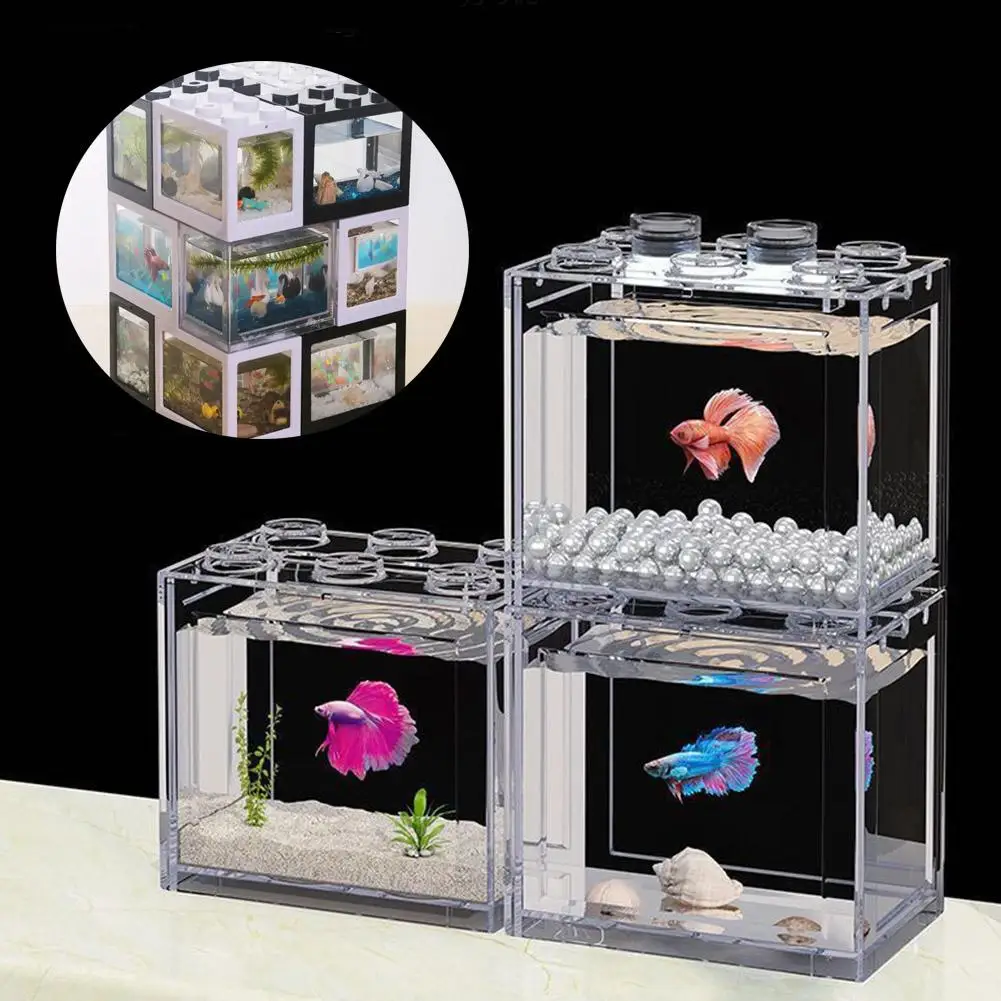 Building Blocks Betta Fish Tank High Transparent Mini Fish Bowls Pet Stackable Aquariums Cylinder Desktop Micro-Landscape
