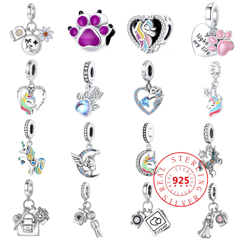 

Sparkling Fine New 925 Sterling Silver Colorful Cute Unicorn Dog PAWS Fashion Beads Pendants Fit Pandora Charms Bracelet Jewelry