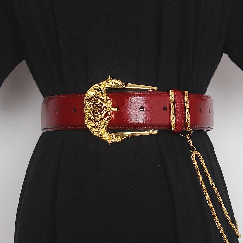 

2024 Luxury Cowhide Belt with Metal Chain Solid Genuine Leather Waist Belt Jean Pant Strap Fashion Punk Cow Leather Women Belt